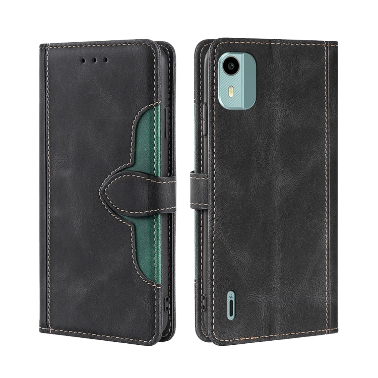 Black leather wallet phone case with magnetic buckle, card slots, and green accents