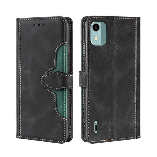 Black leather wallet phone case with magnetic buckle, card slots, and green accents