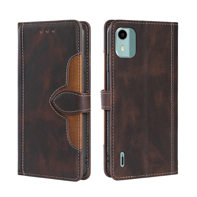 Brown leather wallet phone case with magnetic buckle, card slots, and dark accent stitching
