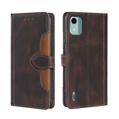 Brown leather wallet phone case with magnetic buckle, card slots, and dark accent stitching