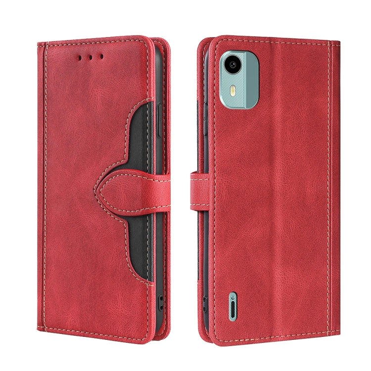 Red leather magnetic buckle wallet phone case with flip cover and stitched card slot