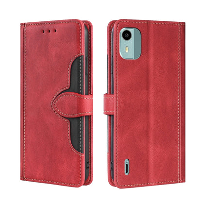 Red leather magnetic buckle wallet phone case with flip cover and stitched card slot