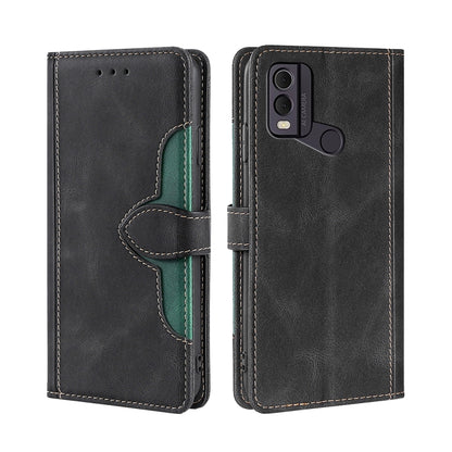 Black leather wallet phone case with magnetic buckle, green-lined interior, and camera cutout
