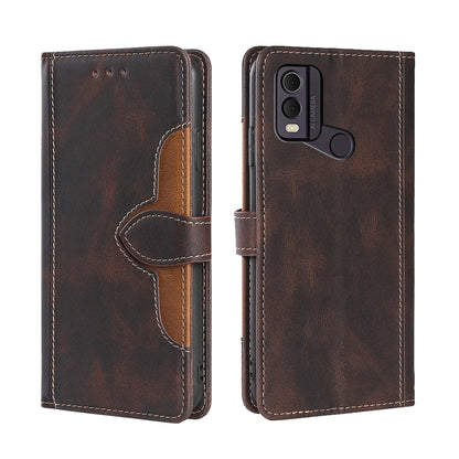 Brown leather folio phone case with magnetic strap and camera cutout