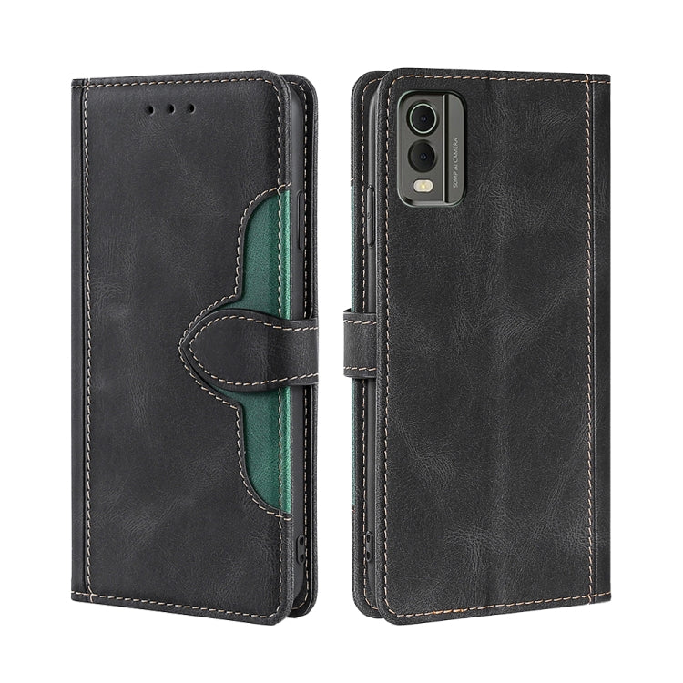 Black leather flip phone case with magnetic strap, card slots, and camera cutout