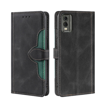 Black leather flip phone case with magnetic strap, card slots, and camera cutout