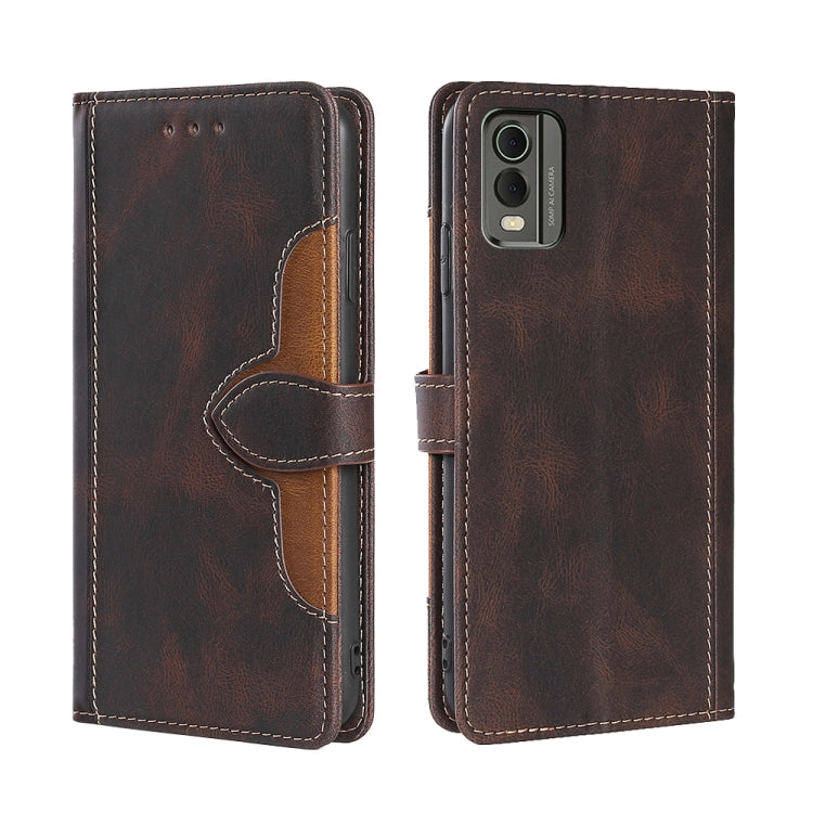 Brown leather magnetic buckle wallet phone case with flip cover and stitched edge