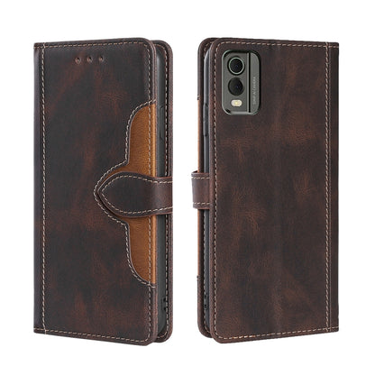 Brown leather magnetic buckle wallet phone case with flip cover and stitched edge