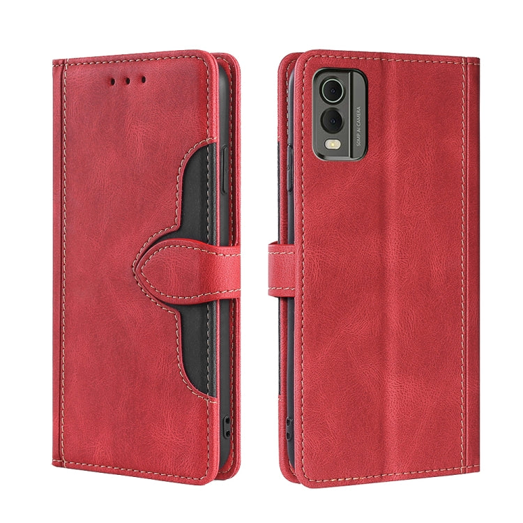Red leather flip phone case with magnetic buckle, card slots, and camera cutout