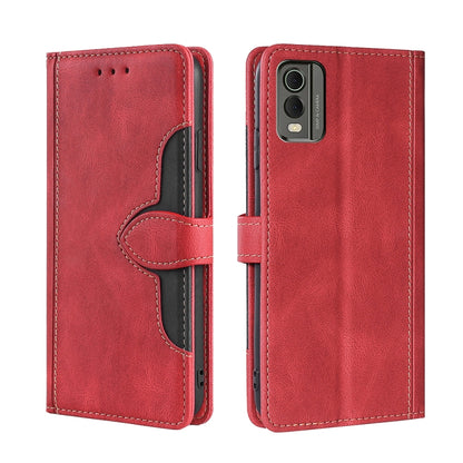 Red leather flip phone case with magnetic buckle, card slots, and camera cutout