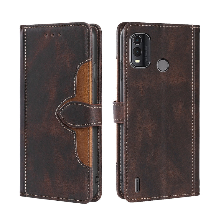 Brown leather magnetic buckle wallet phone case with flip cover and camera cutout
