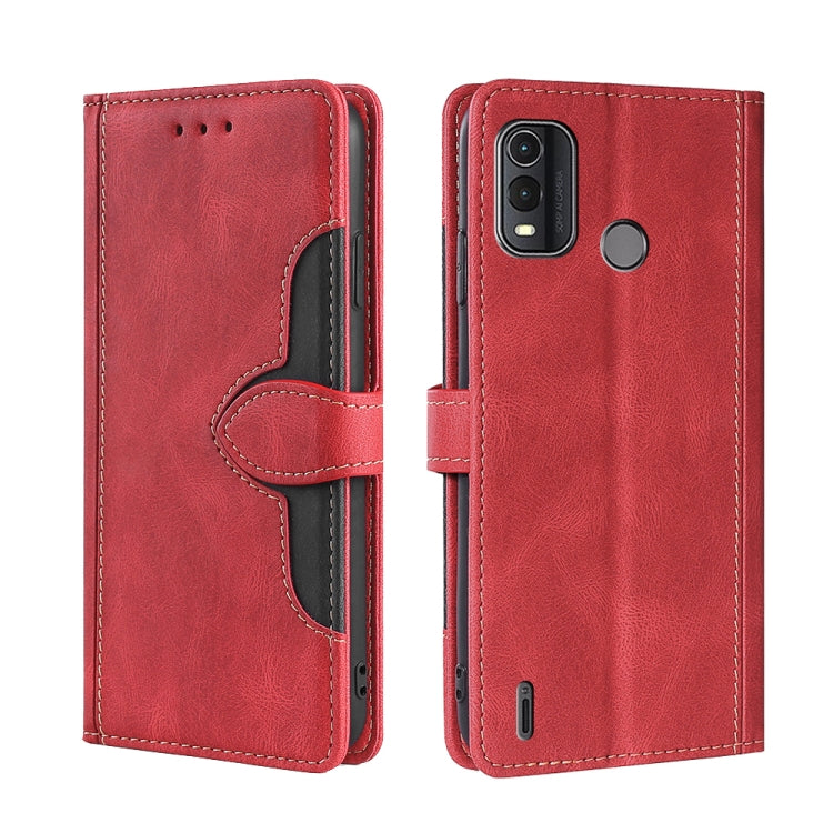 Red leather flip phone case with magnetic buckle, camera window, and round side button