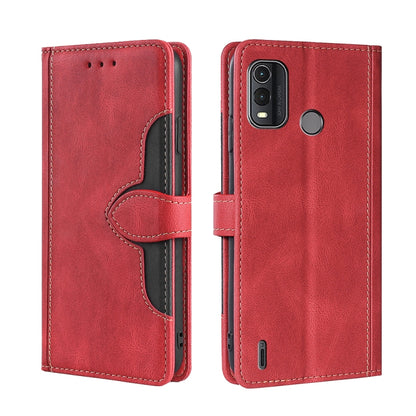 Red leather flip phone case with magnetic buckle, camera window, and round side button