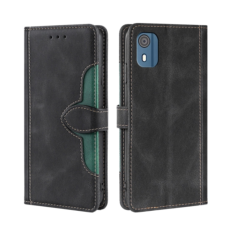 Black leather magnetic buckle wallet phone case with green accent and camera cutout