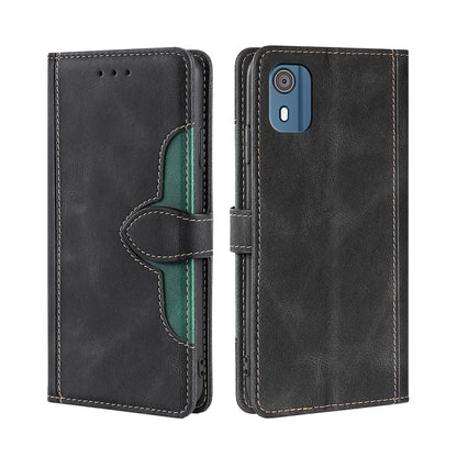 Black leather magnetic buckle wallet phone case with green accent and camera cutout