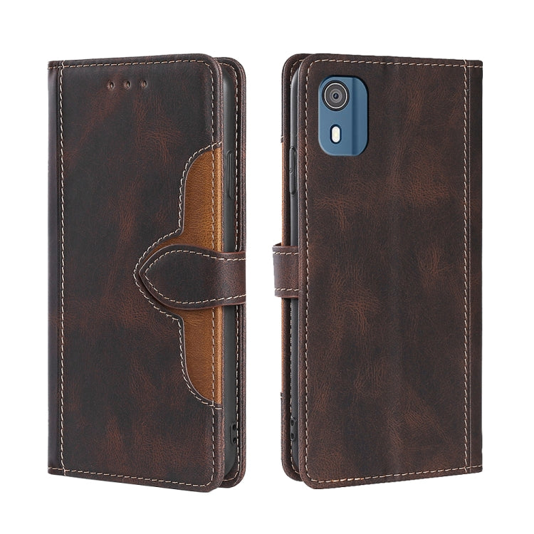 Brown leather magnetic buckle wallet phone case with flip cover and camera cutout