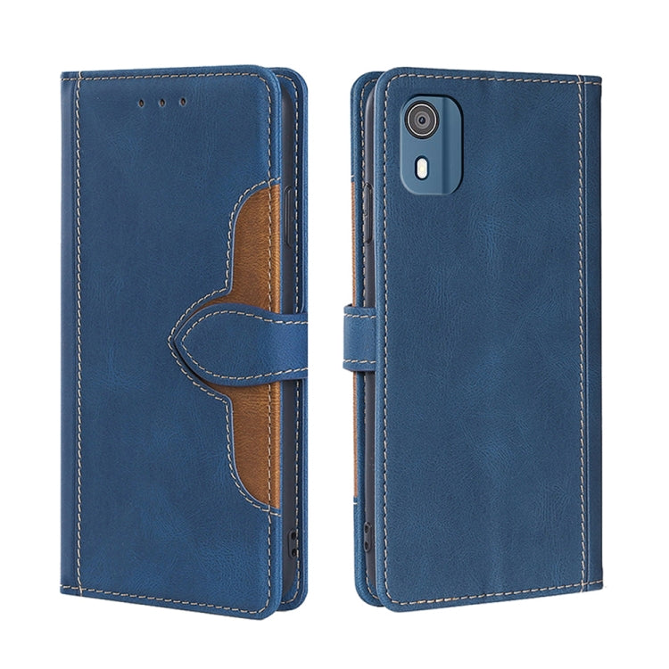 Blue leather flip phone case with magnetic buckle, card slots, and camera cutout