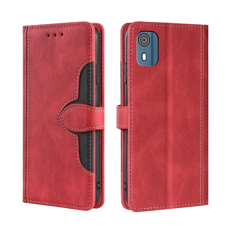 Red leather wallet phone case with magnetic buckle and cutouts for camera and ports