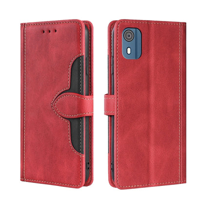 Red leather wallet phone case with magnetic buckle and cutouts for camera and ports