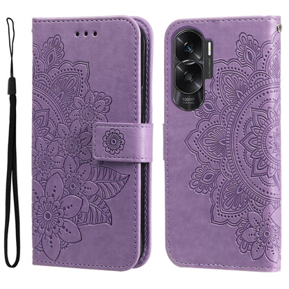 Light purple embossed flower leather phone case with folio strap and cutouts