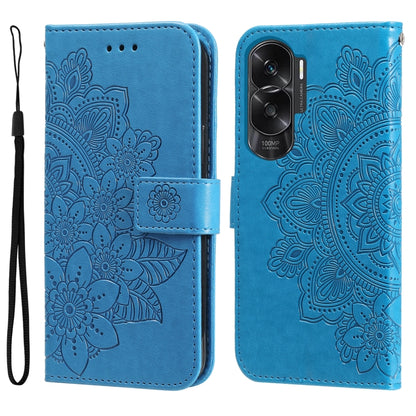 Blue embossed flower leather phone case with folio strap and camera cutout