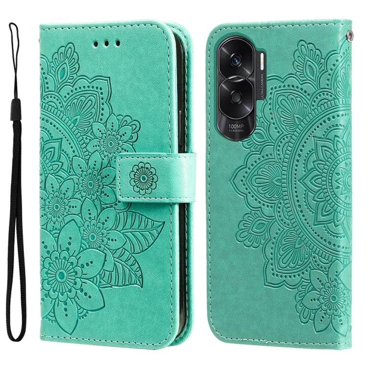 Green embossed flower leather phone case with folio strap and camera cutout