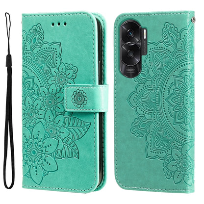 Green embossed flower leather phone case with folio strap and camera cutout