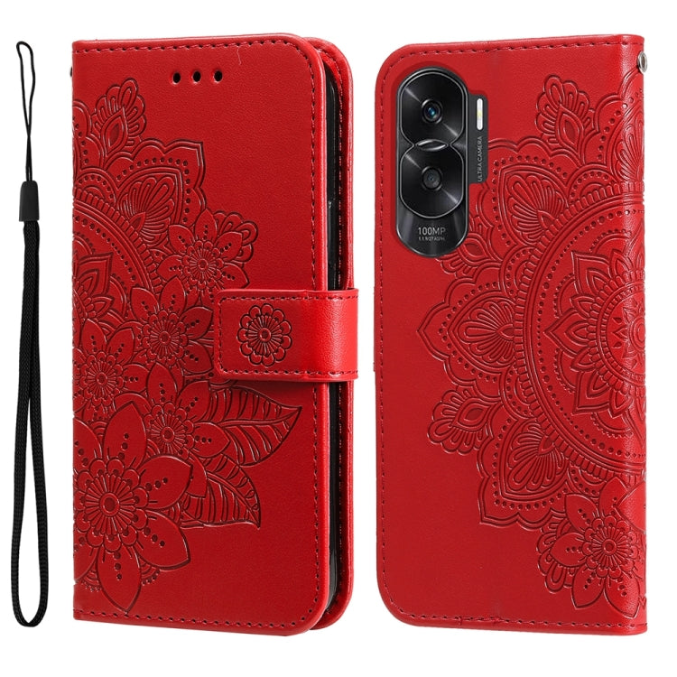 Red embossed flower leather phone case with folio strap and camera cutout