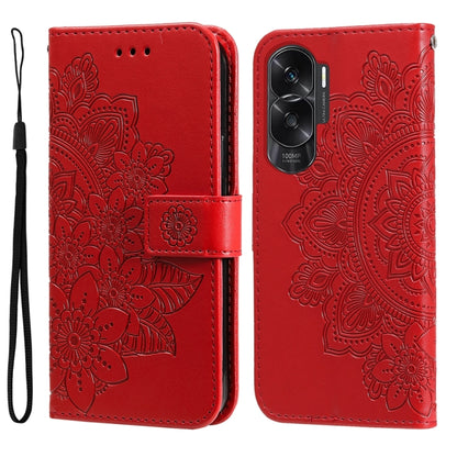 Red embossed flower leather phone case with folio strap and camera cutout