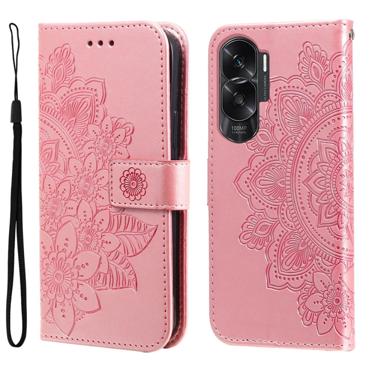 Rose-pink embossed flower leather phone case with folio strap and camera cutout
