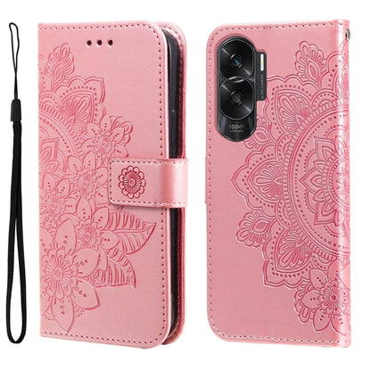 Rose-pink embossed flower leather phone case with folio strap and camera cutout
