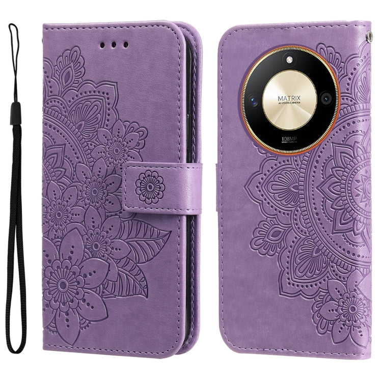 Embossed seven-petal flower leather phone case, light purple folio with wrist strap