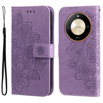 Embossed seven-petal flower leather phone case, light purple folio with wrist strap