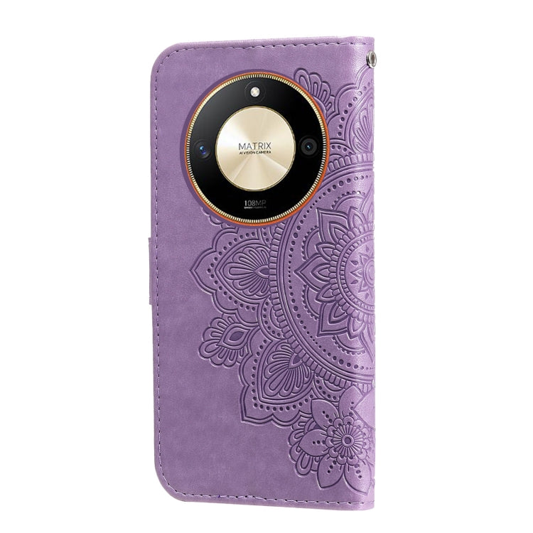 Embossed seven-petal flower leather phone case, light purple back with round camera cover