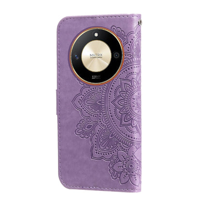 Embossed seven-petal flower leather phone case, light purple back with round camera cover