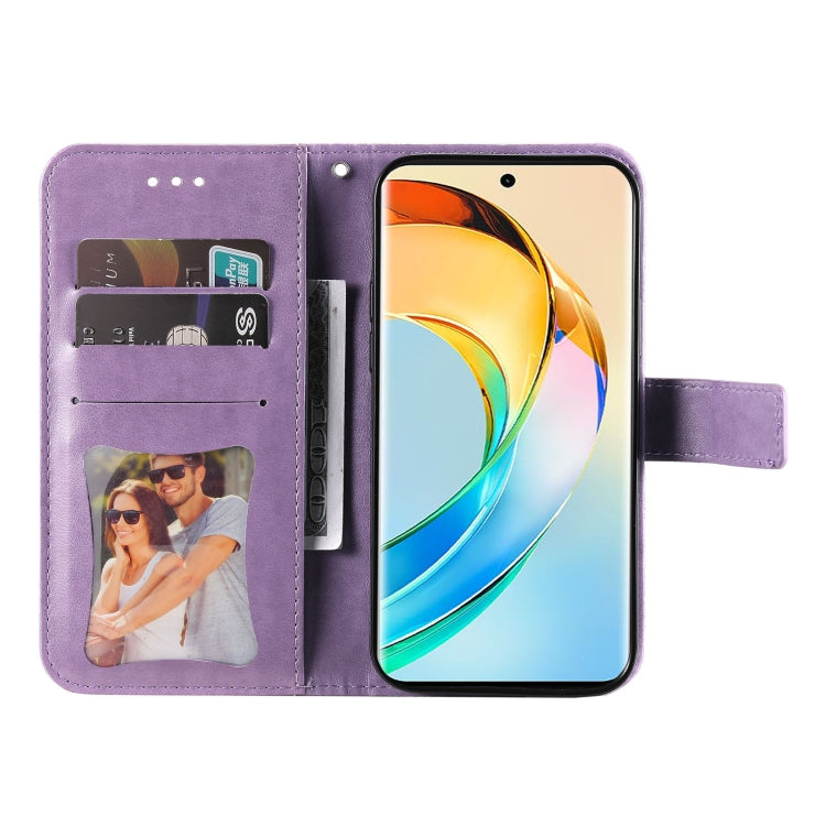 Embossed seven-petal flower leather phone case, light purple open folio with card slots