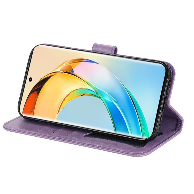 Embossed seven-petal flower leather phone case, light purple folio stand with screen cover
