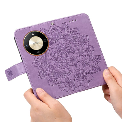 Embossed seven-petal flower leather phone case, light purple close-up with round camera cover