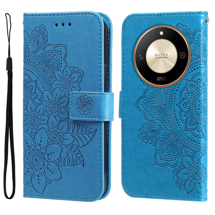 Embossed seven-petal flower leather phone case, blue folio with wrist strap