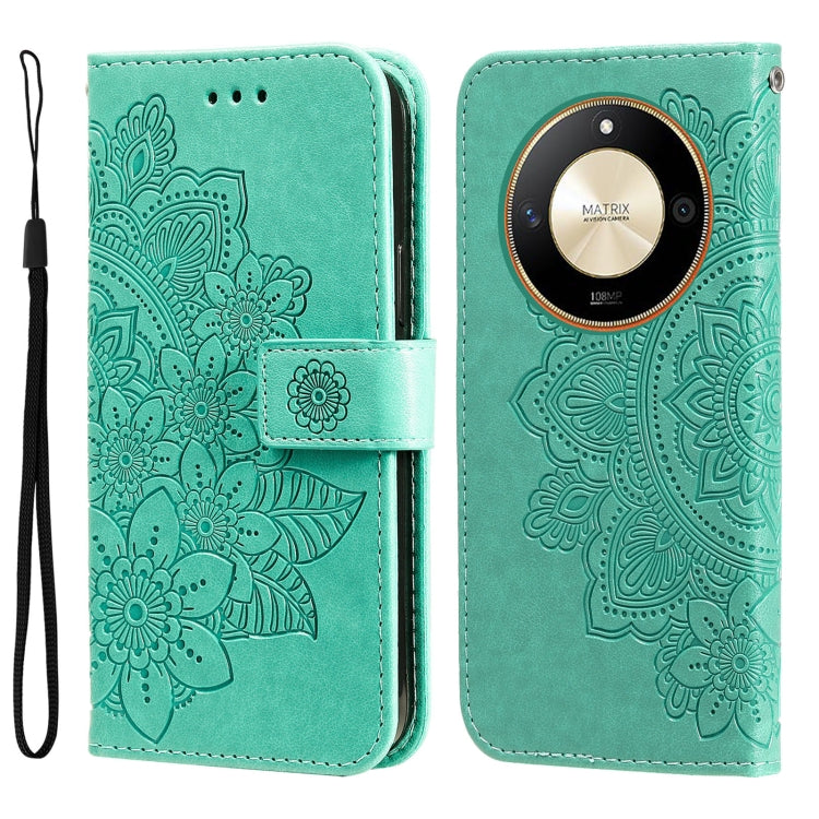 Embossed seven-petal flower leather phone case, green folio with wrist strap