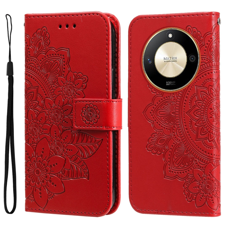 Embossed seven-petal flower leather phone case, red folio with wrist strap