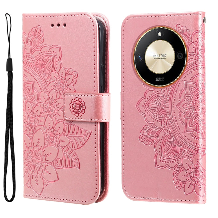 Embossed seven-petal flower leather phone case, rose pink folio with wrist strap