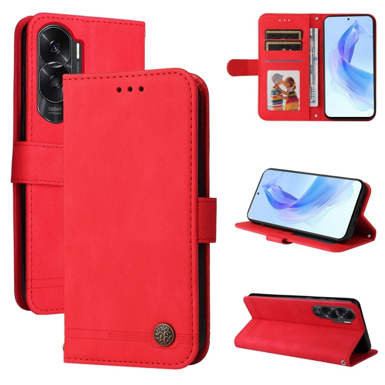 Red leather phone case with card slots, metal button, and camera cutout