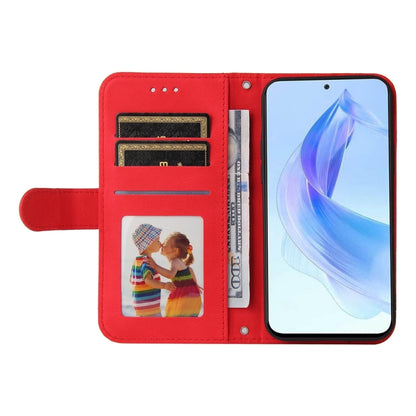 Red leather phone case open view with card holder and photo window pocket