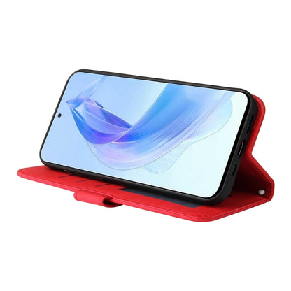 Red leather phone case with kickstand for landscape viewing