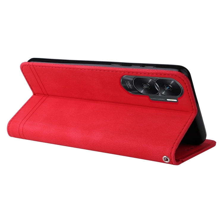 Red leather phone case with kickstand and camera cutout, back view