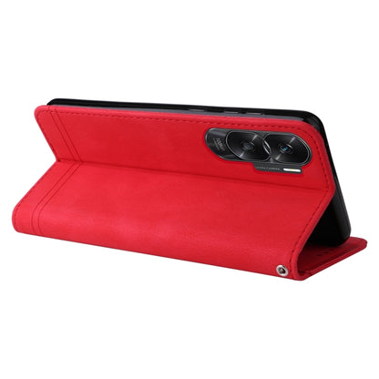 Red leather phone case with kickstand and camera cutout, back view