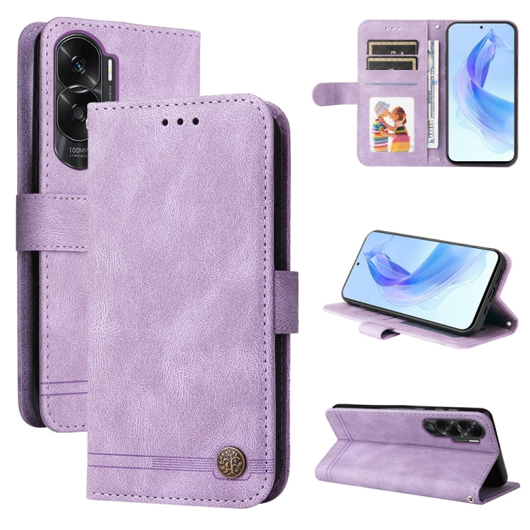 Purple leather phone case with card slots, metal button, and camera cutout