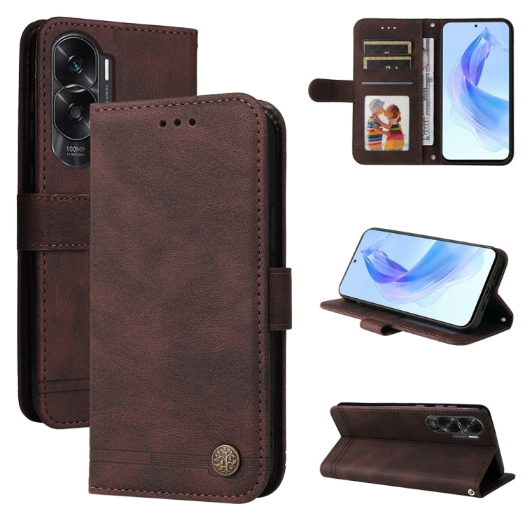 Brown leather phone case with card slots and metal button closure
