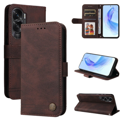 Brown leather phone case with card slots and metal button closure